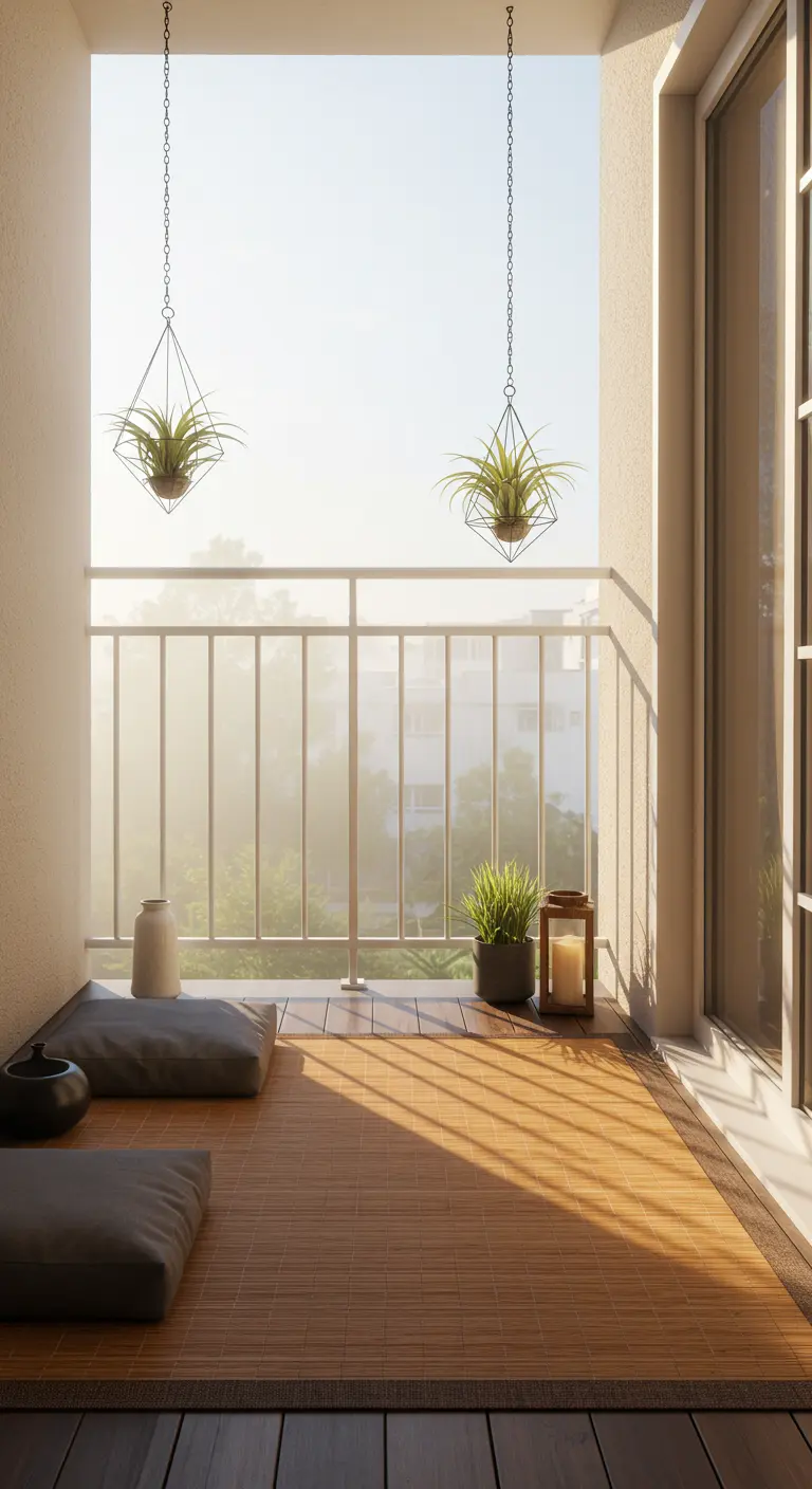 A minimalist balcony with hanging air plants, a bamboo mat, and two dark gray floor cushions.