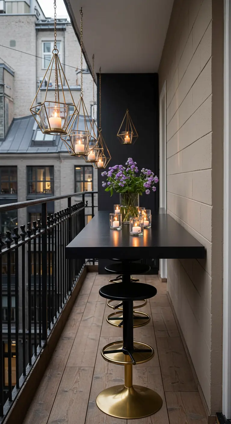 A narrow balcony with a black bar table, gold-trimmed stools, and hanging geometric candle holders.