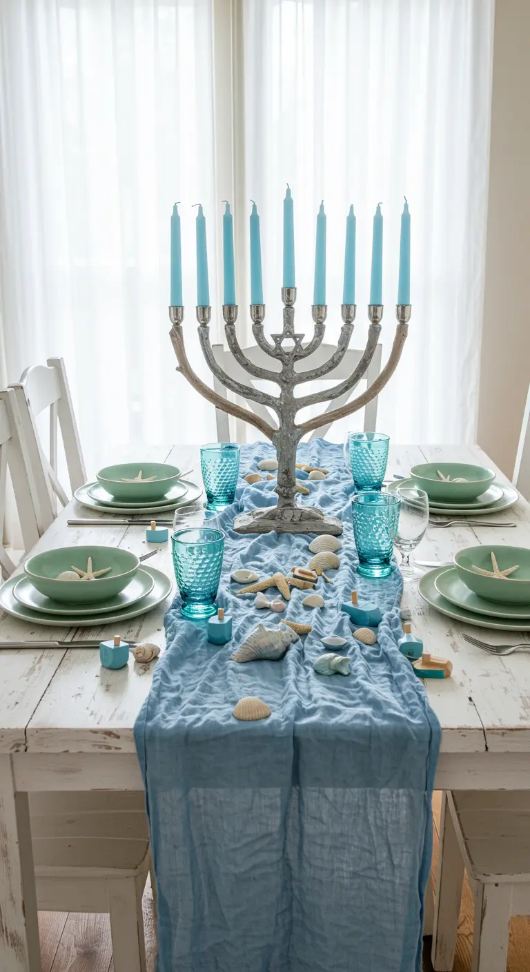 A coastal-themed Hanukkah table with a light blue runner, seashells, and an aqua color palette.