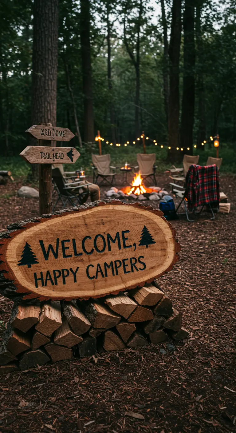 A wood-burned sign on a log slice that says 'Welcome, Happy Campers' in a forest setting.