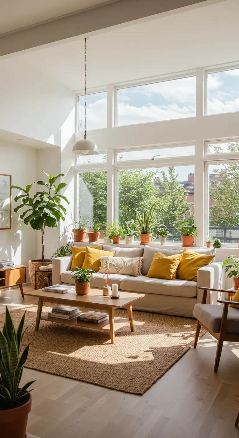 Sunlit living room with neutral sofa, jute rug, mustard pillows, and large windows.