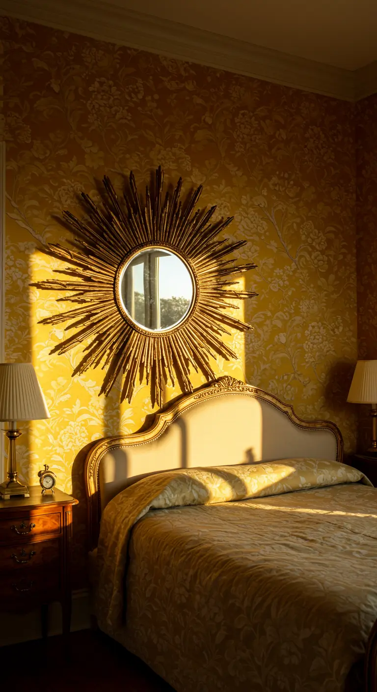 Sunburst mirror above a bed in a room with yellow floral wallpaper at sunset.