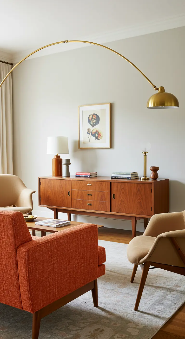 A large brass arc floor lamp curves over a mid-century modern living room setup.