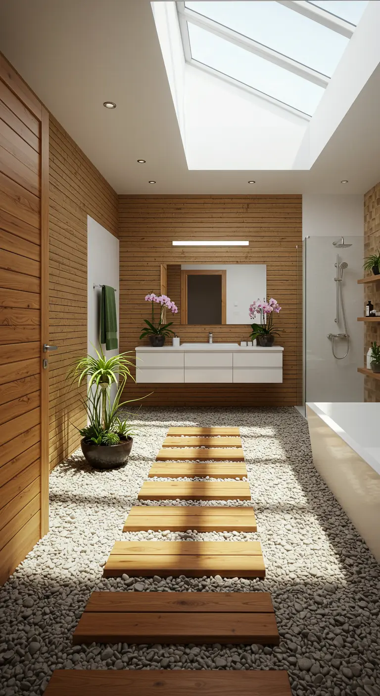 A bright bathroom with a large skylight over a wooden plank path on a pebble floor.