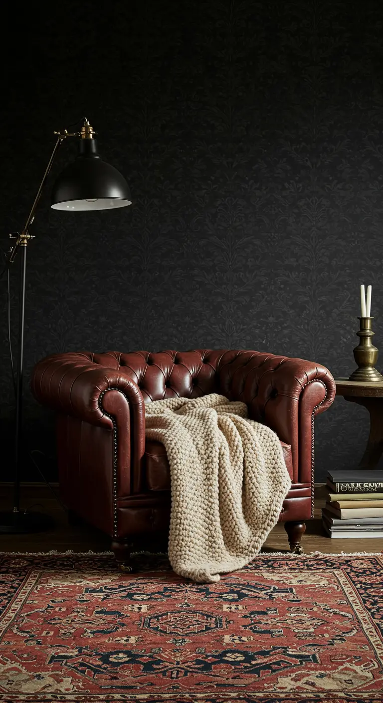 A brown leather Chesterfield armchair with a throw blanket sits on a rug against a dark wall.
