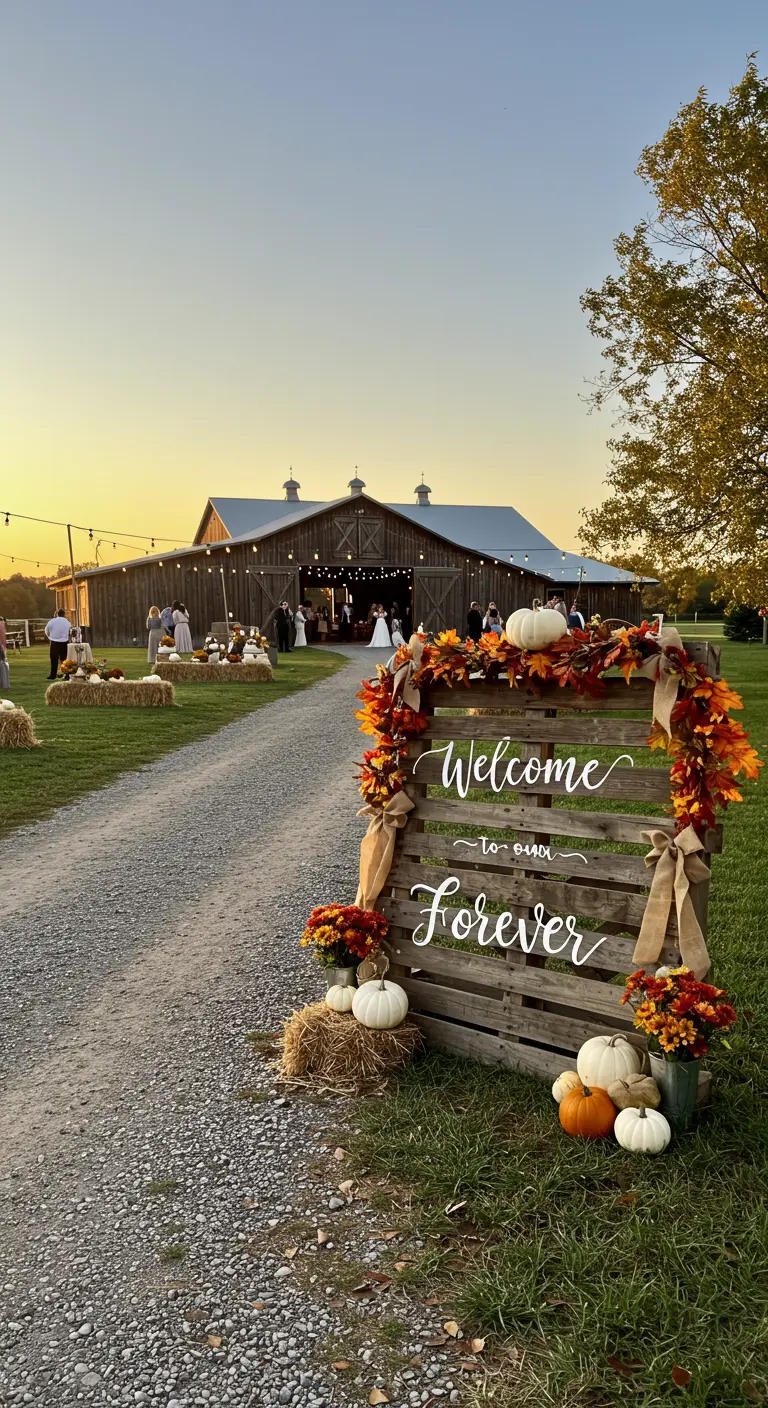 A rustic wedding sign on a wooden pallet decorated with fall leaves and pumpkins.