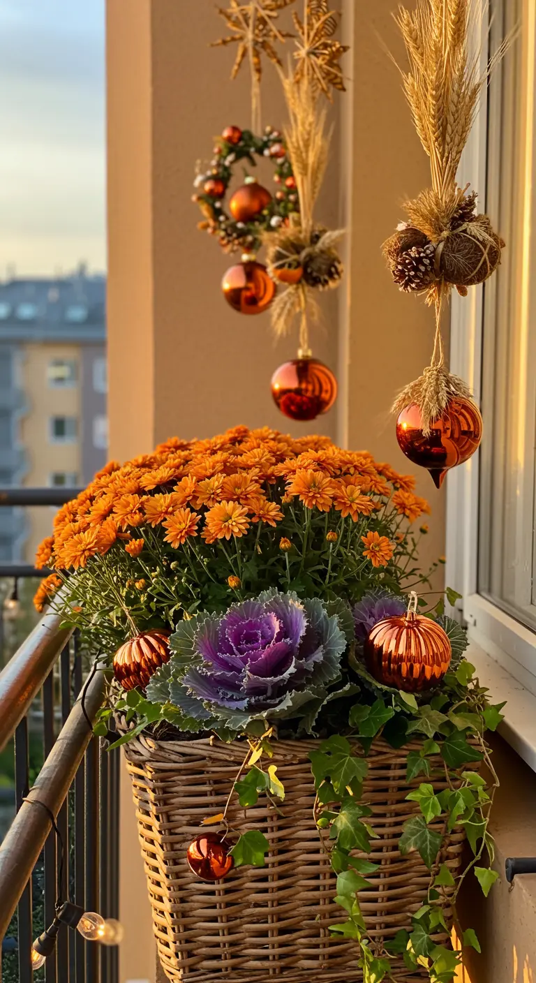 A wicker planter with orange mums, kale, and metallic orange hanging ornaments.