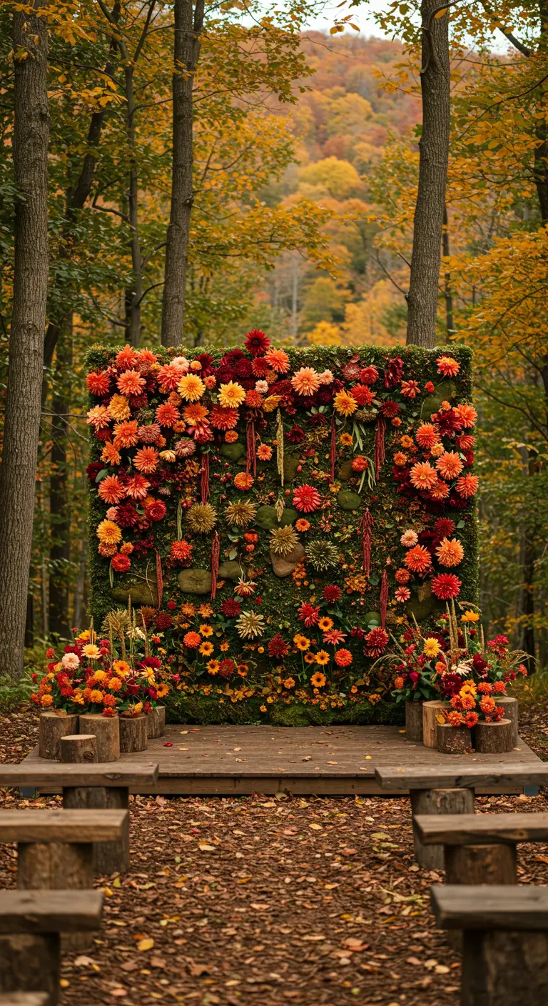 An autumn flower wall with orange, red, and yellow dahlias in a forest with fall foliage.