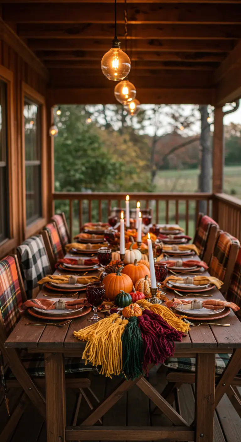 A rustic wooden table set for fall, with a thick yarn tassel runner in autumn colors.