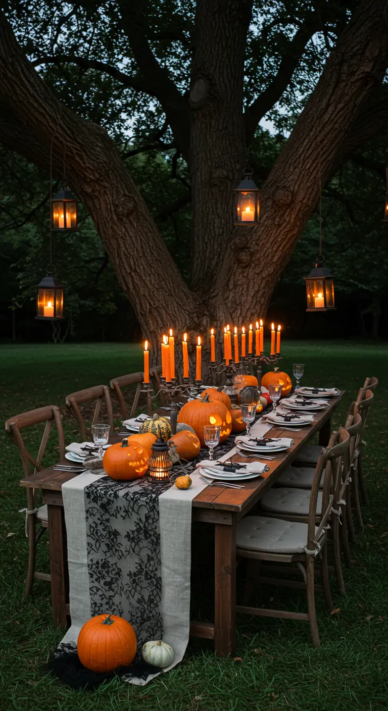 An outdoor Halloween table lined with glowing jack-o'-lanterns and orange candles.