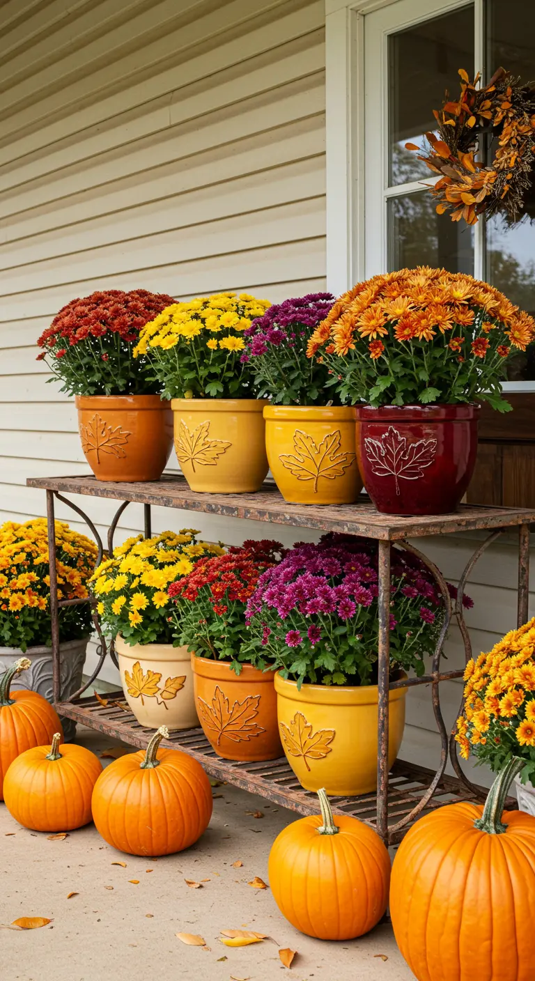 Autumnal planters with colorful mums and pumpkins on a porch display.