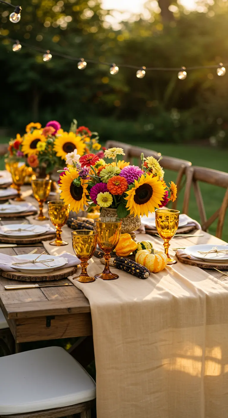Rustic table with a burlap runner, sunflowers, gourds, and amber glassware.