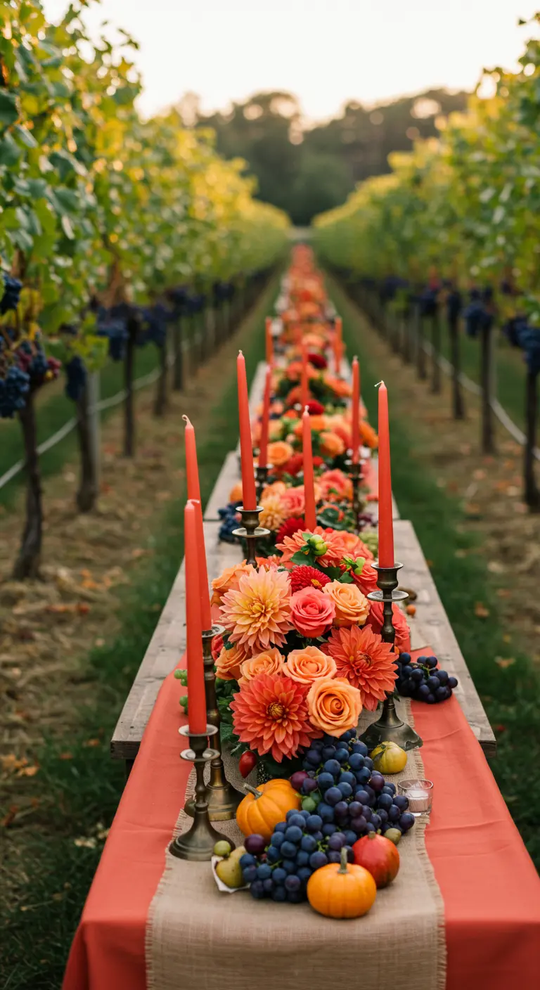 Vineyard wedding table with coral dahlias, grapes, and pumpkins for a harvest theme.