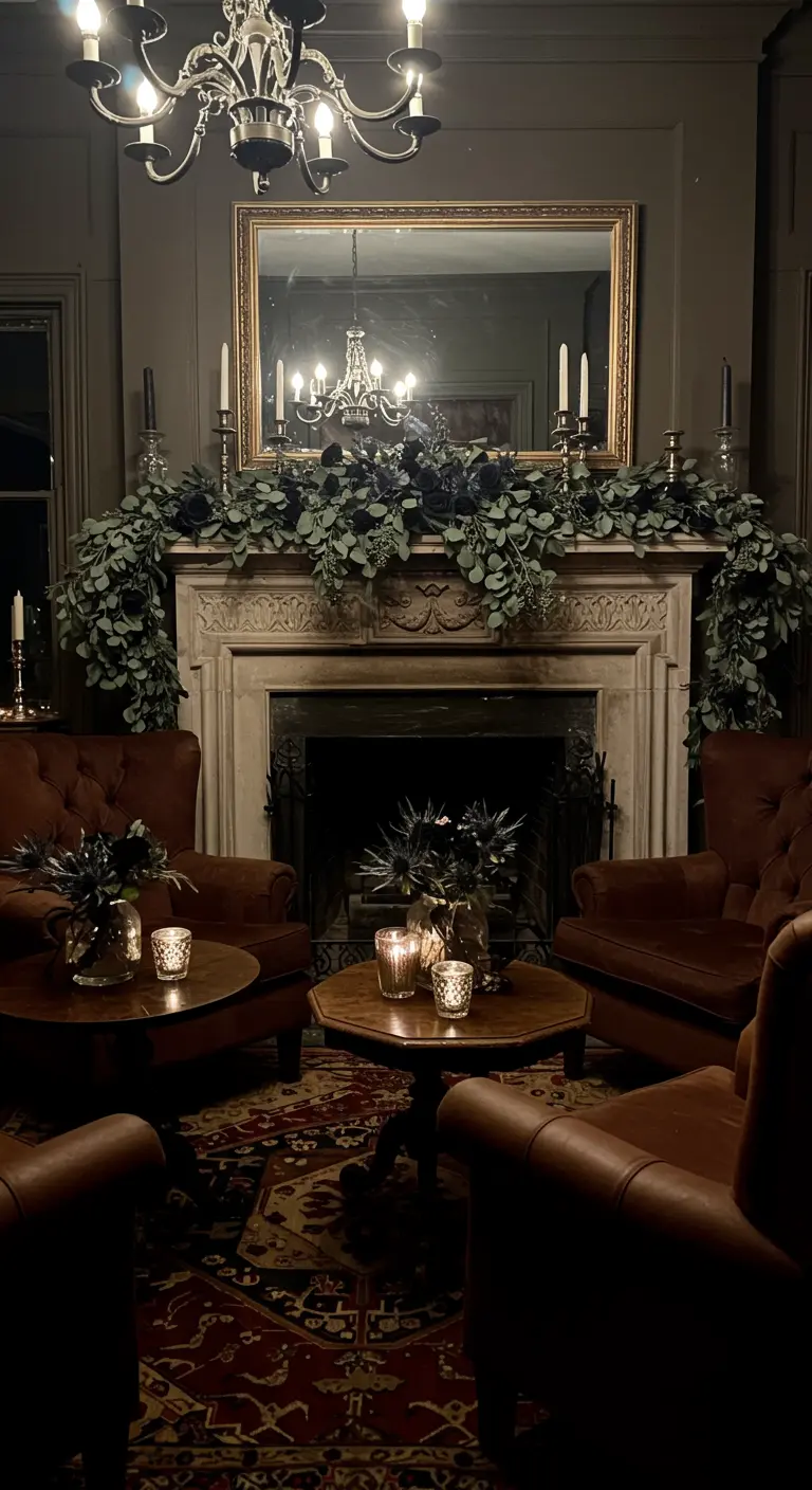 A cozy, dark sitting area with a fireplace draped in a moody garland of eucalyptus and black roses.