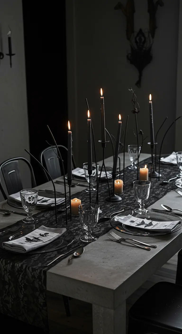 A minimalist Halloween table with abstract black branch candle holders and simple glassware.