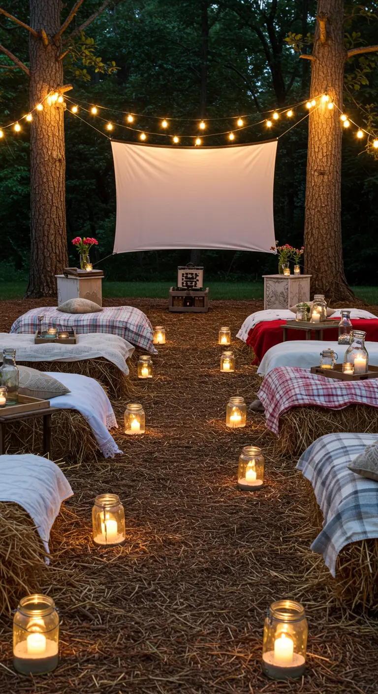 Outdoor movie night setup with hay bale seats, blankets, and string lights.