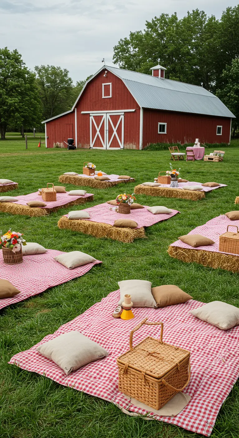 Picnic setups on a lawn with red gingham blankets, pillows, and hay bales as backrests.
