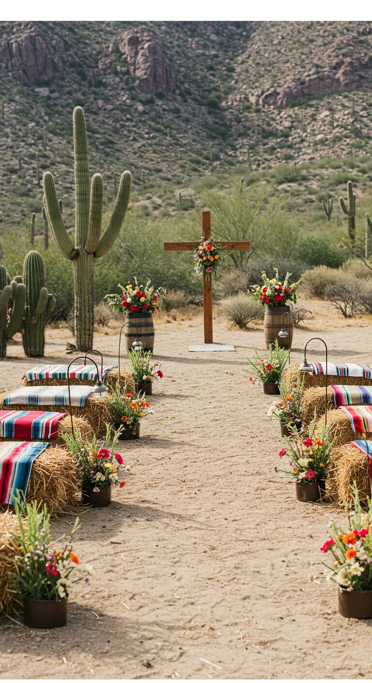 Wedding aisle with hay bale seats covered in serape blankets and floral pots.