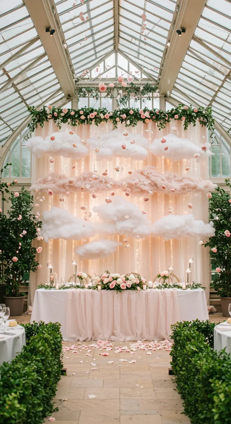 Whimsical wedding backdrop with fluffy DIY clouds and hanging roses in a greenhouse.