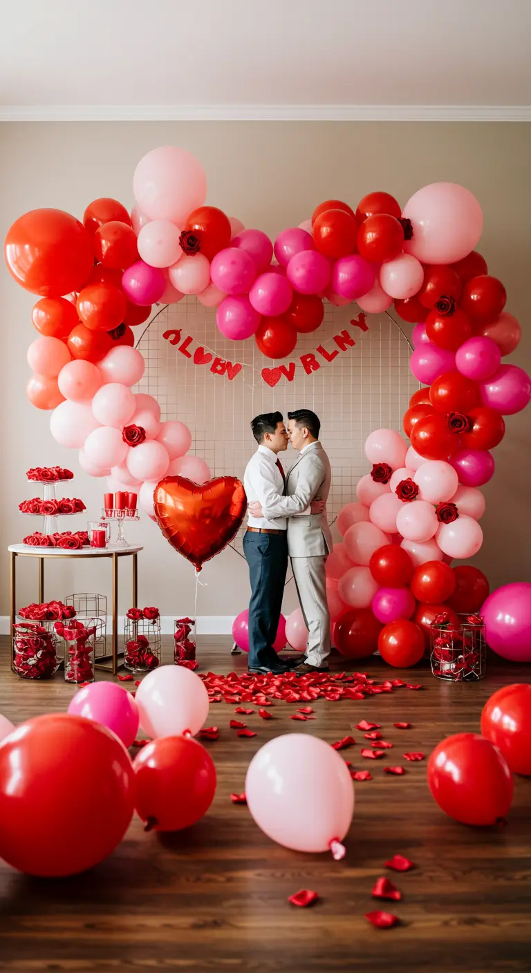 A giant heart-shaped balloon arch in shades of red and pink for a Valentine's party.