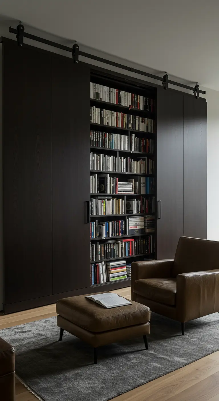 A floor-to-ceiling library hidden behind large, dark sliding doors on an industrial track.