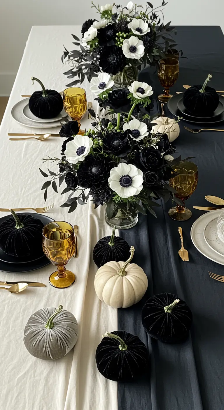 A table decorated in black and white halves with matching velvet pumpkins and anemones.