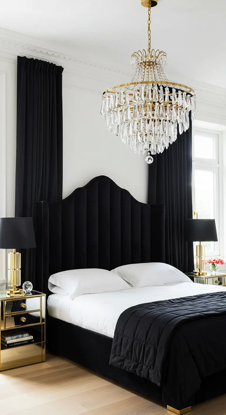 Black and white bedroom with a tall black velvet bed, gold furniture, and a crystal chandelier.