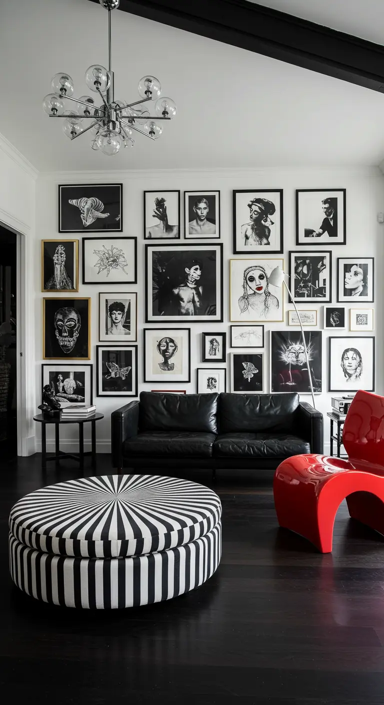 Black and white living room with a gallery wall of portraits and a bold striped round ottoman.
