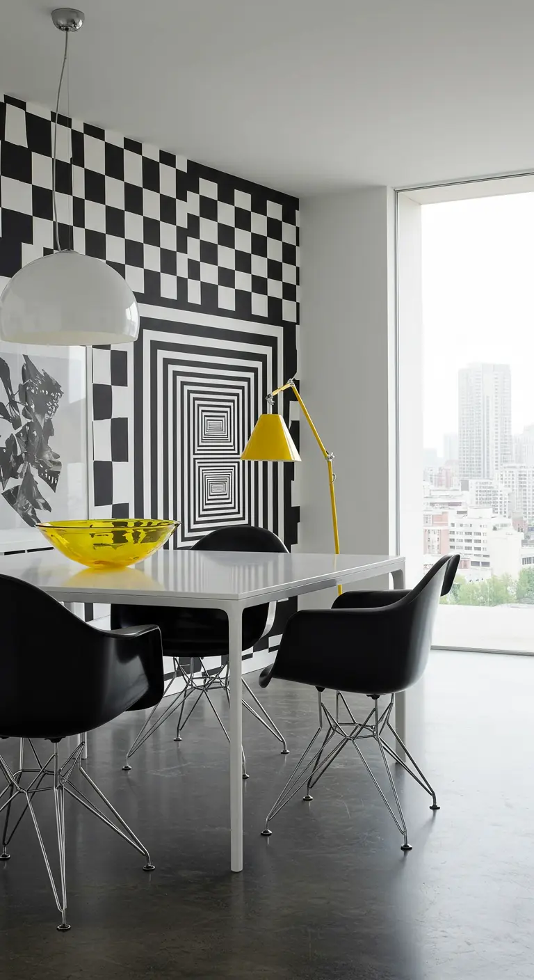 Modern dining room with black-and-white optical illusion wallpaper and a single yellow lamp.