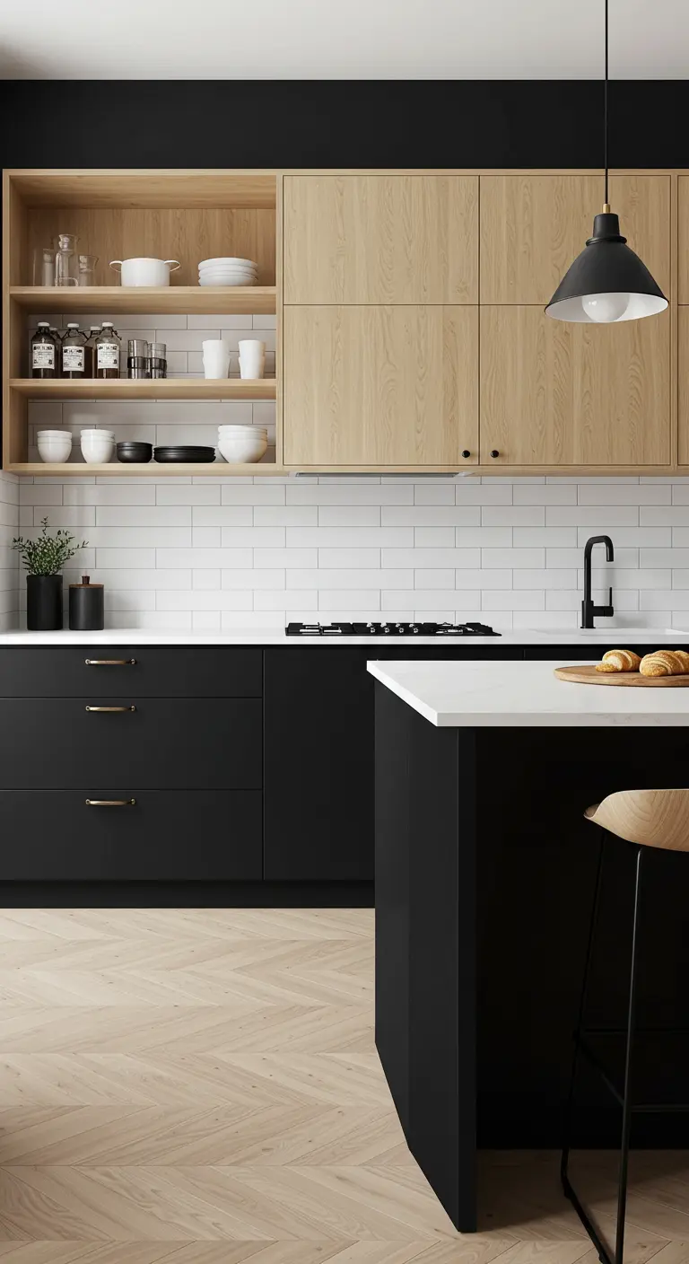 Japandi kitchen with matte black lower cabinets and light oak upper cabinets.