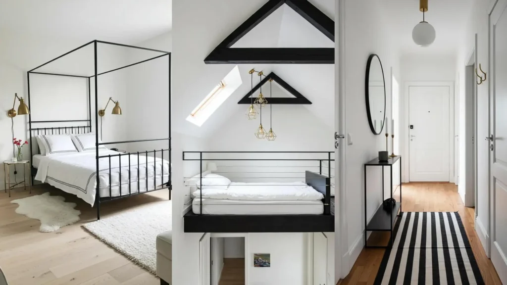 Tiny room designs with high-contrast black accents, white walls, and gold hardware, including a canopy bed and loft.