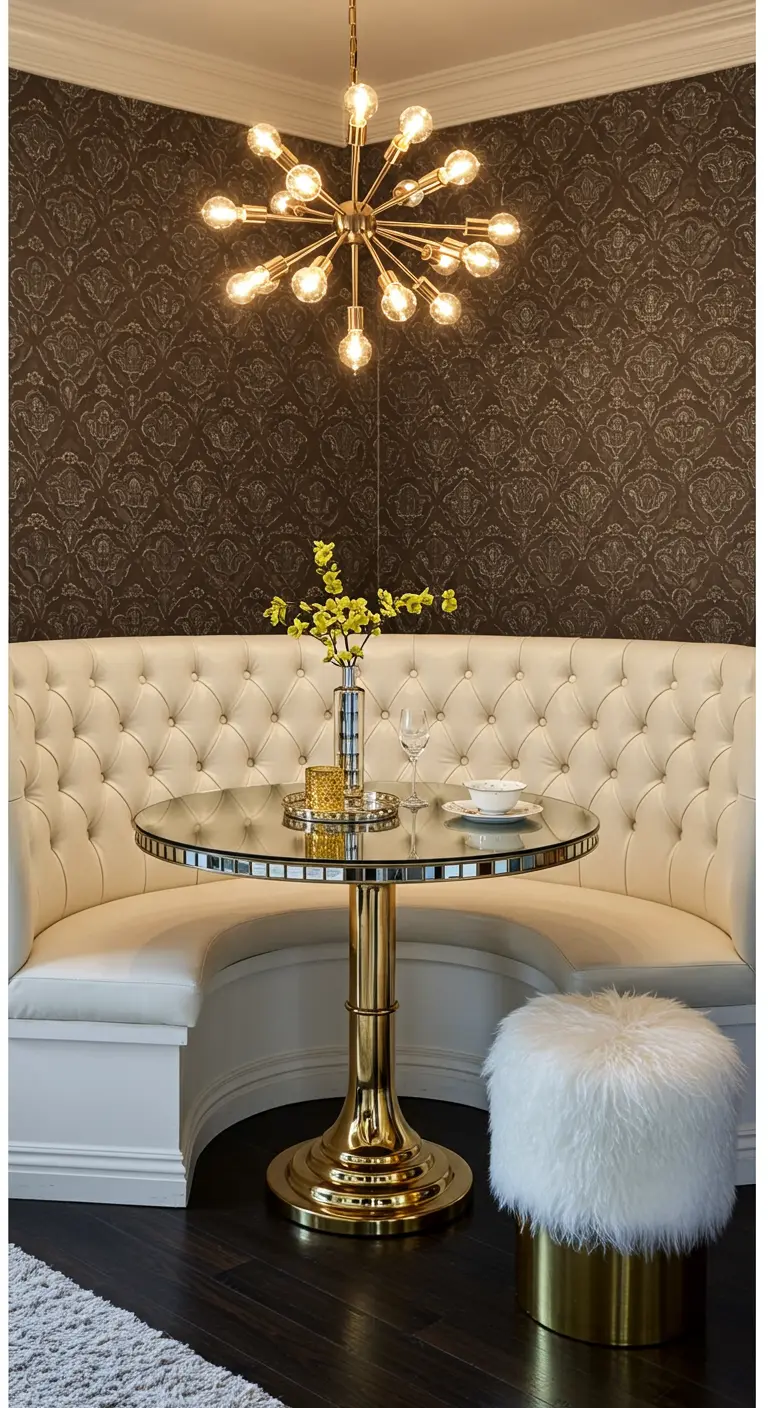 A glamorous dining nook with a curved cream banquette and a brass sputnik chandelier.