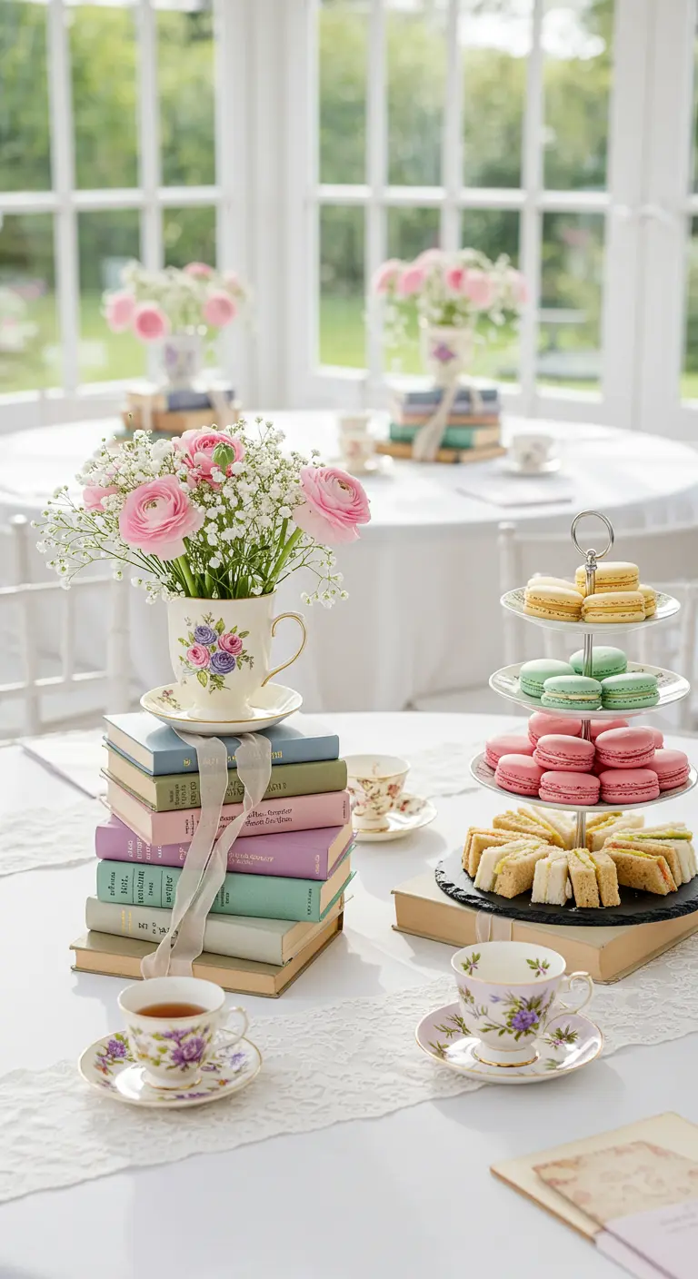 Pastel book stack centerpiece with a teacup of flowers, next to a tiered tray of macarons.