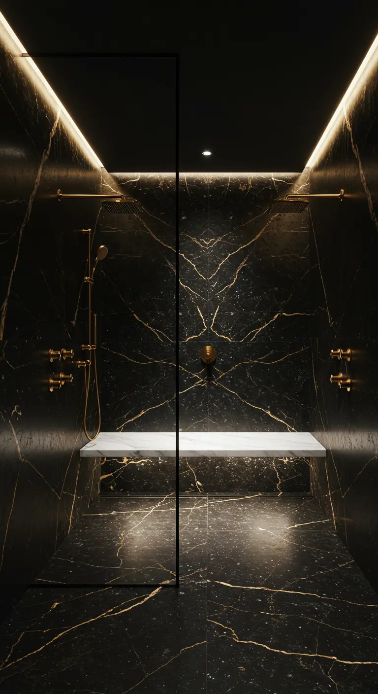 Walk-in shower with black and gold marble, a white floating bench, and gold fixtures.