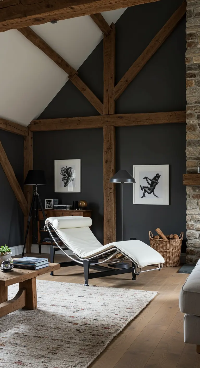 A white chaise in a rustic room with dark walls, exposed wood beams, and a stone fireplace.