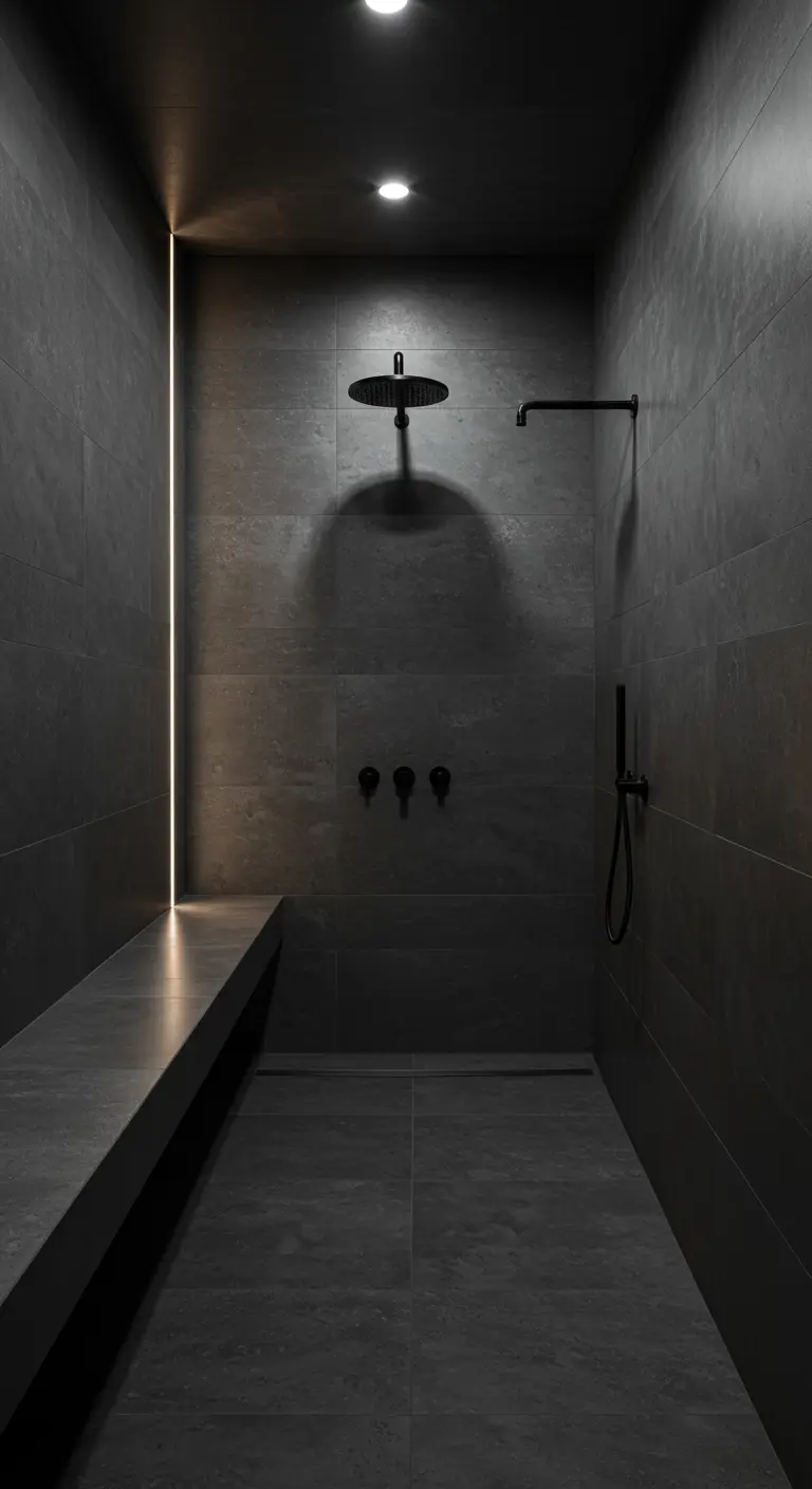 Dark walk-in shower with a vertical LED light strip highlighting the wall tile.