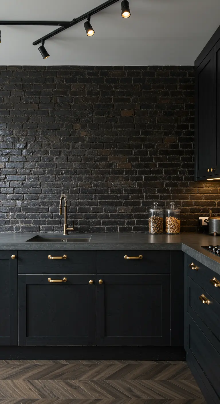 Dark kitchen with a rough black brick wall highlighted by directional track lighting.