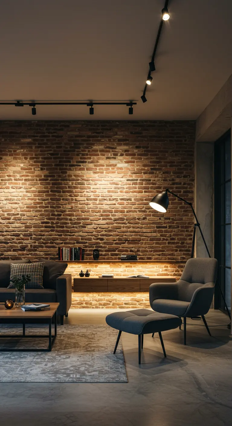 A brick accent wall illuminated from below by a warm LED strip light hidden by a console.