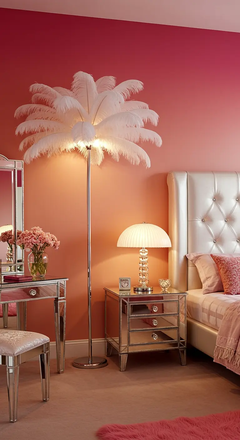 A glamorous pink bedroom with a white feather floor lamp and mirrored furniture.