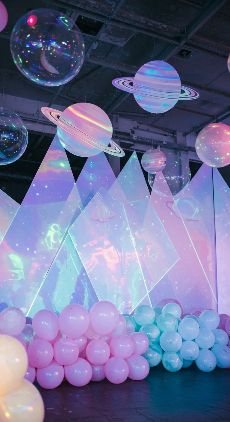 An otherworldly backdrop of iridescent geometric mountains and hanging holographic planets.