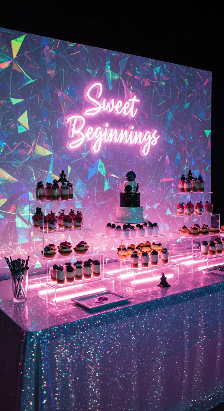 A dessert table with a neon sign, iridescent tablecloth, and a holographic backdrop.
