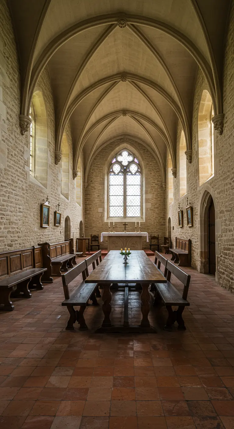 A grand, chapel-like dining hall with stone walls and vaulted ceilings.