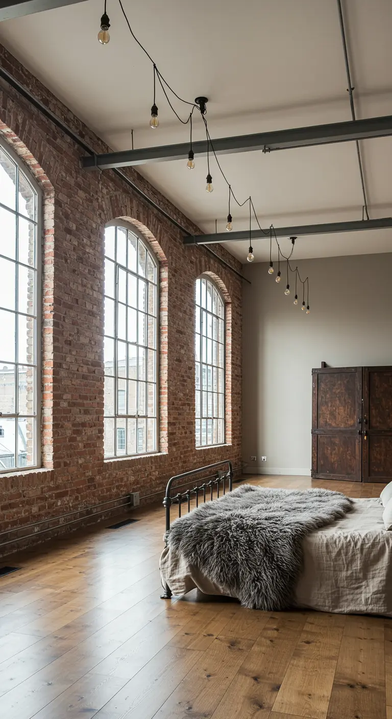 A vast loft bedroom with high ceilings, large arched windows, and minimal furniture.