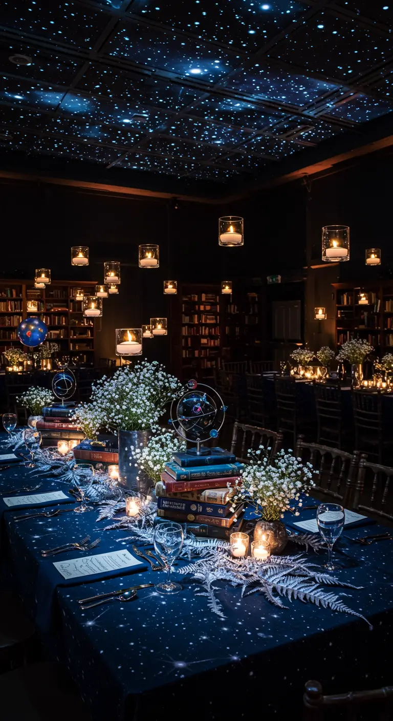 A library dining scene with a starry night ceiling, blue tablecloths, and candles.