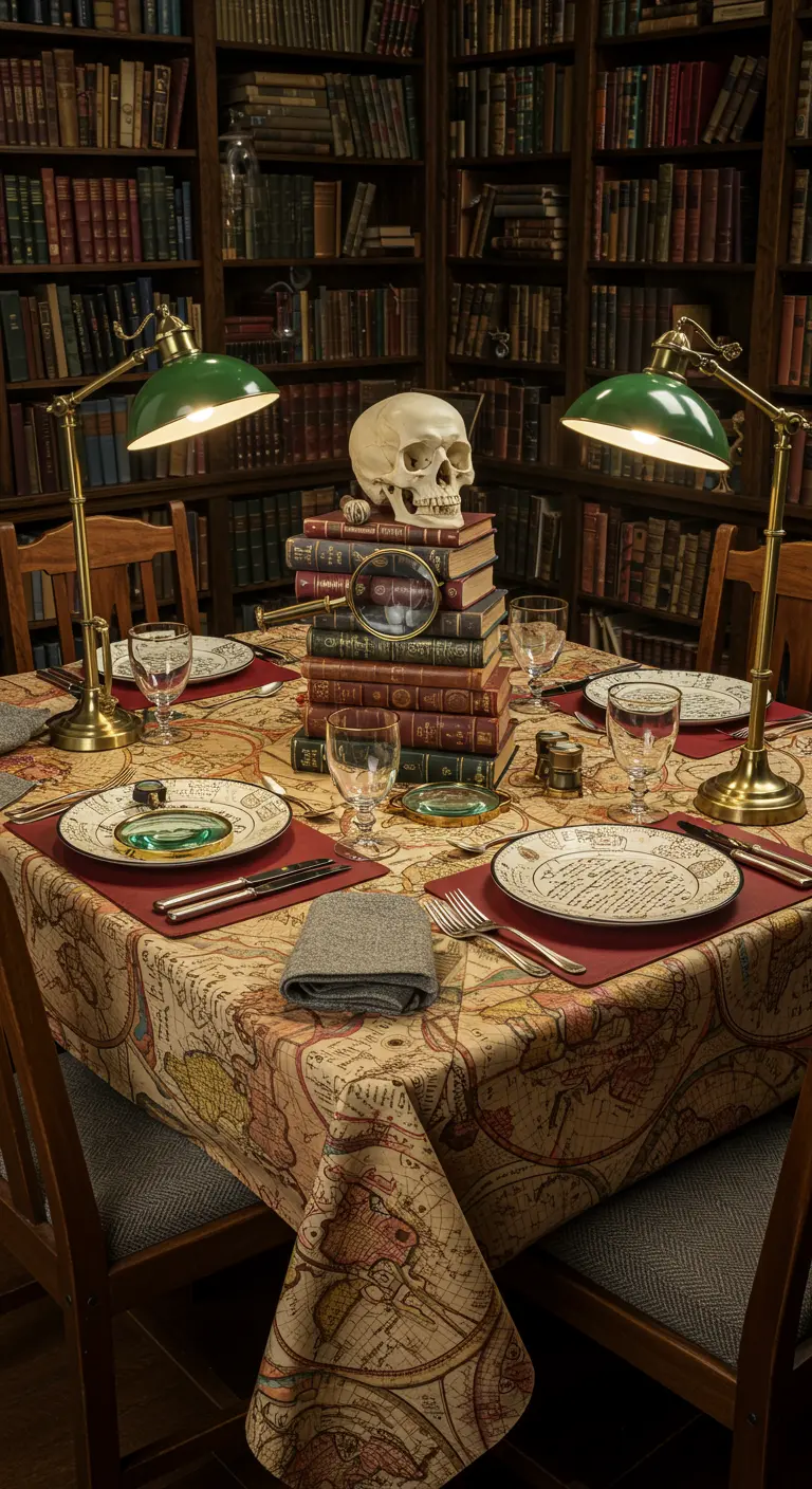 A library-themed dinner table with a map tablecloth and a centerpiece of stacked books and a skull.