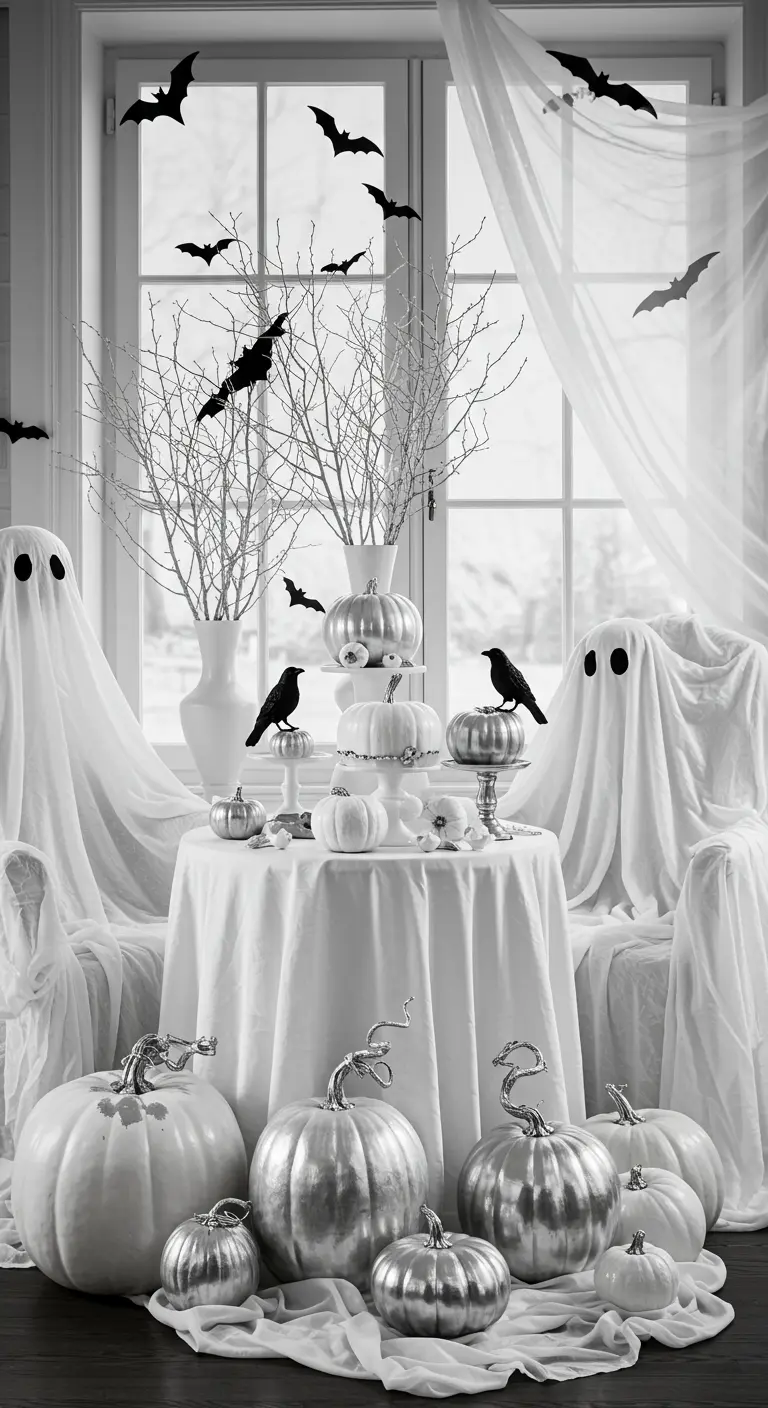 A black-and-white Halloween scene with sheet-ghosts on chairs and silver pumpkins.