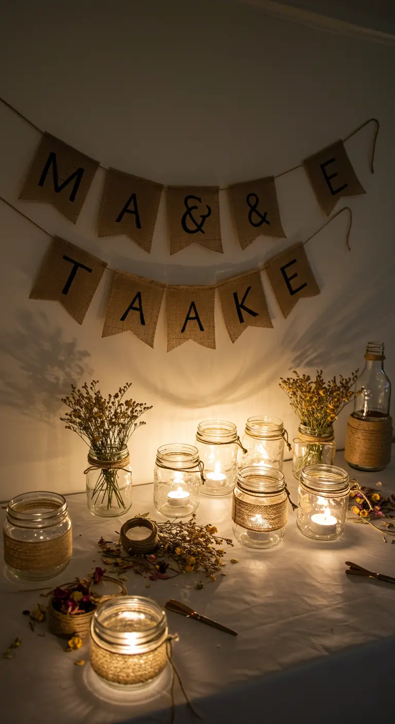 A 'MAKE & TAKE' craft table with glass jars, twine, and dried flowers for making candle holders.