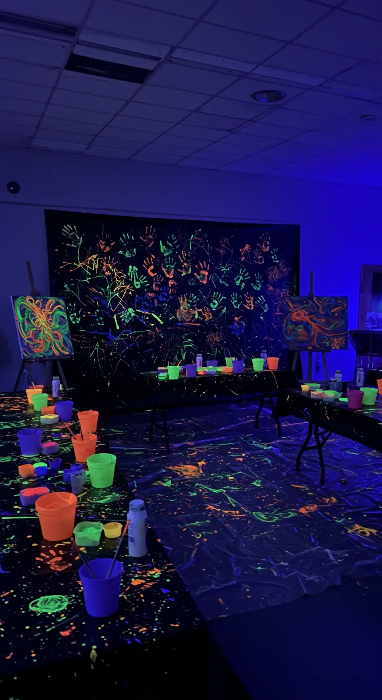 A glow-in-the-dark splatter paint party with neon paints, canvases, and protective sheeting.