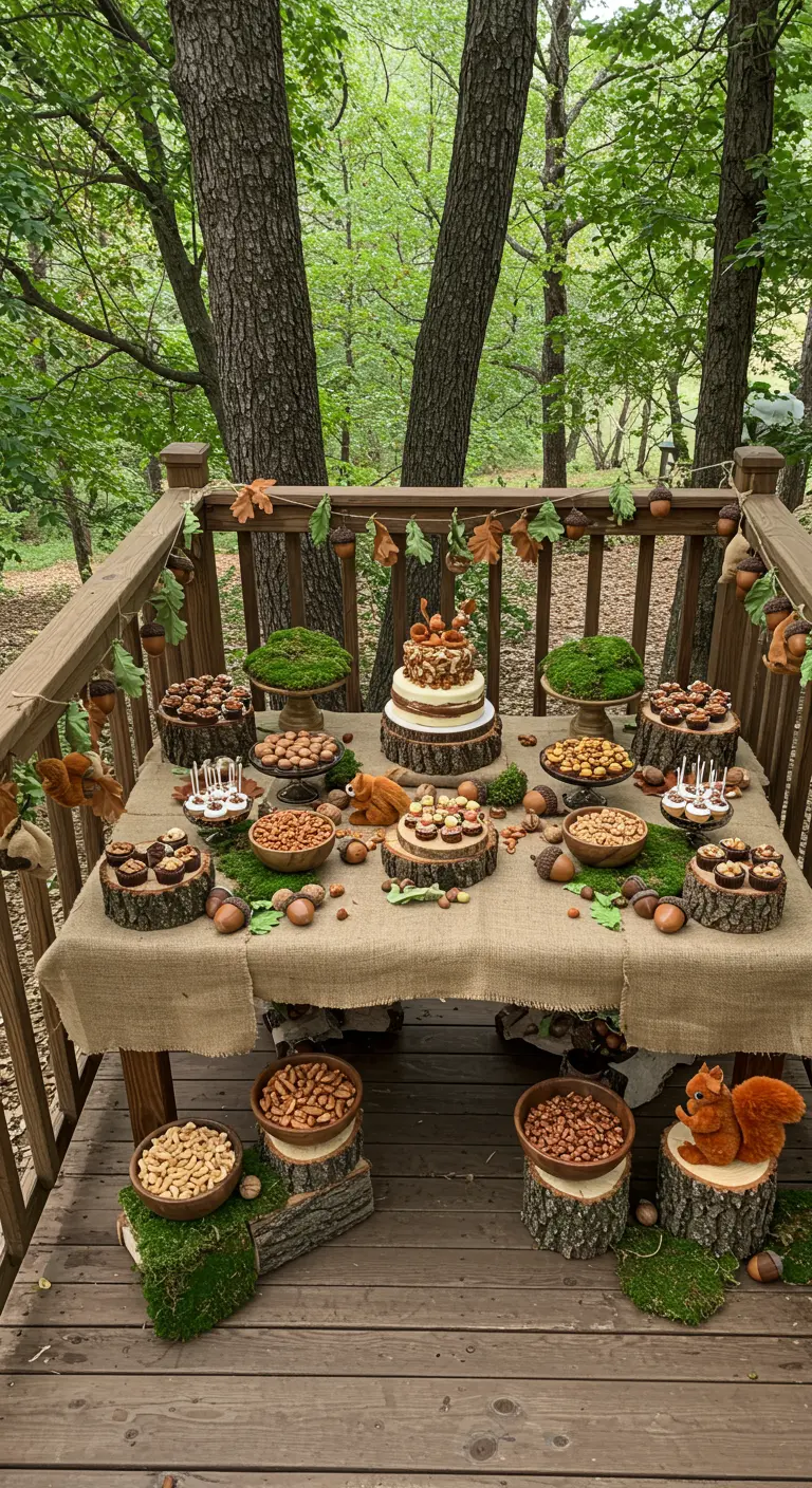 Squirrel-themed dessert table on a porch with moss, nuts, and log stands.