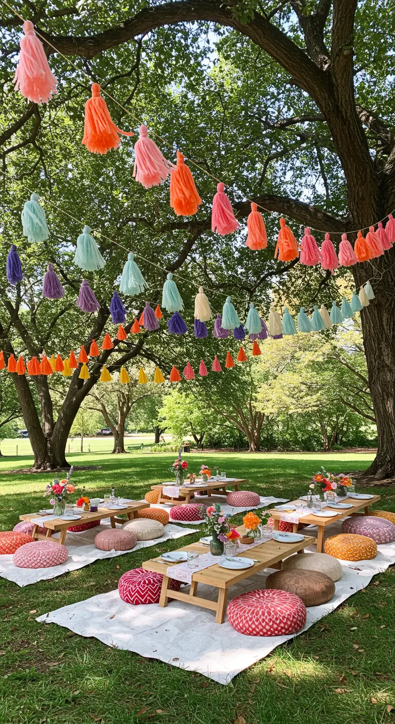 An outdoor picnic with low tables, colorful cushions, and rainbow tassel garlands hanging from trees.